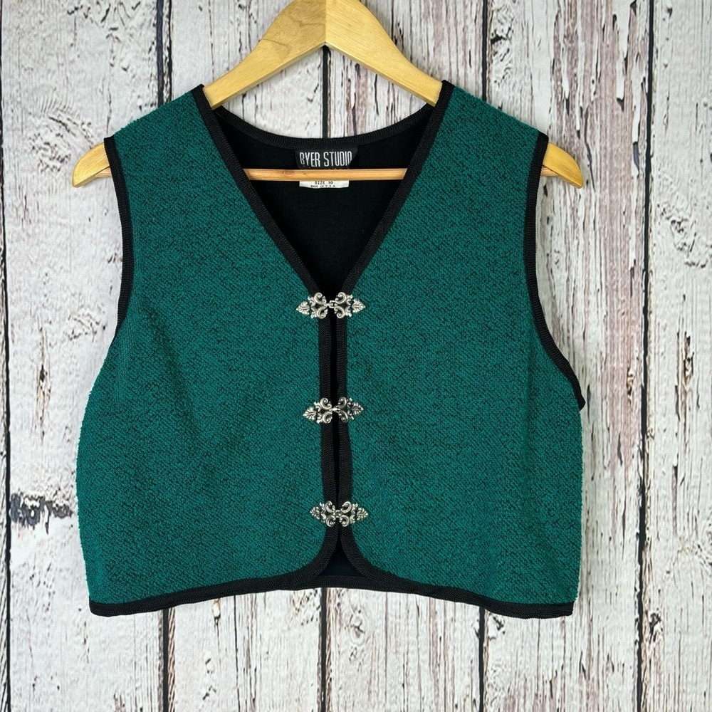 Vintage Byer Studio California Boucle Cropped‎ Vest Jungle Green Black Size 10